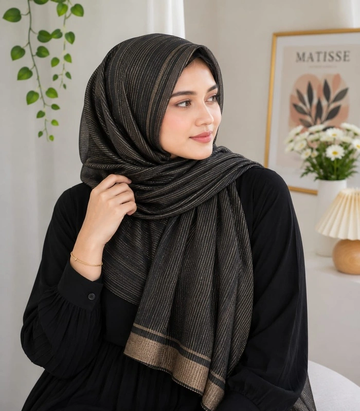 RRR (2) Premium Charcoal Black Gold Shimmer Striped Soft Hijab - Image 1