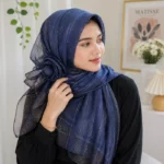 Premium Navy Blue Gold Shimmer Striped Soft Hijab