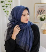 Premium Navy Blue Gold Shimmer Striped Soft Hijab