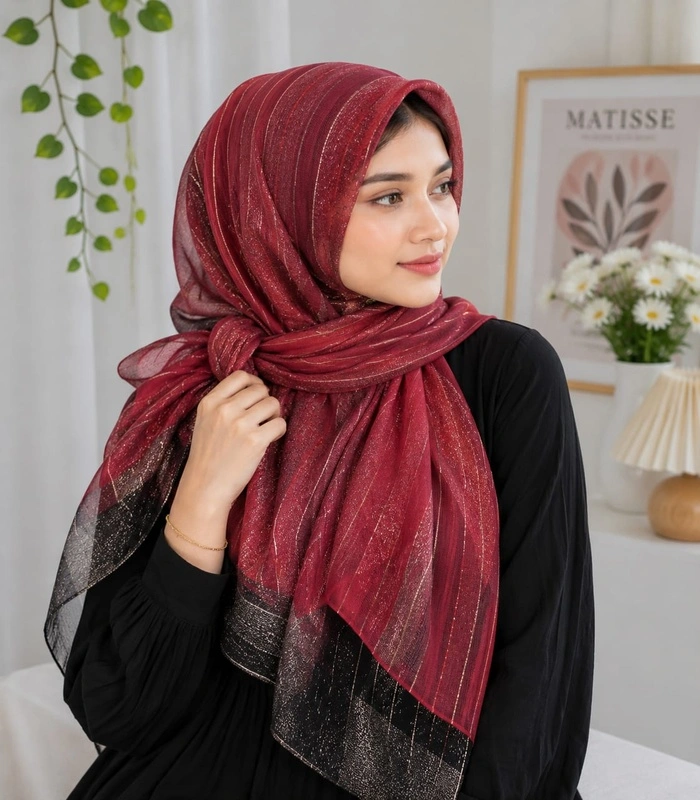 RRR (6) Premium Wine Red Black Border Gold Shimmer Soft Hijab - Image 1