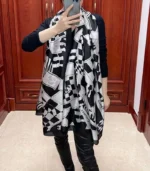 Premium Black & White Monogram Printed Silk-Finish Square Hijab - Image 2