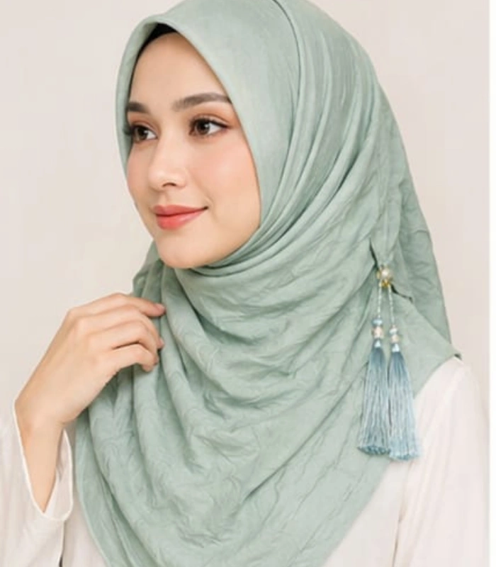 Untitled design (11) Premium Mint Sage Tassel Soft Shimmer Hijab - Image 1