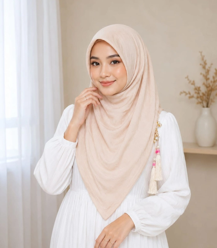 Untitled design (12) Premium Ivory Cream Tassel Soft Shimmer Hijab - Image 1