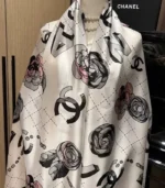 Premium White-Silver Floral & Monogram Printed Silk-Finish Square Hijab - Image 2