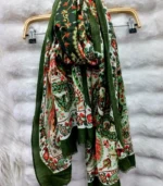 Premium Olive Green Paisley Floral Printed Silk-Finish Hijab - Image 2