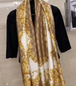 Premium Baroque Gold Chain & Monogram Printed Silk-Finish Square Hijab - Image 2