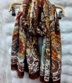 Premium Coffee Brown Paisley Floral Printed Silk-Finish Hijab - Image 2