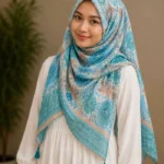 Premium Sky Blue Floral Printed Silk-Finish Hijab