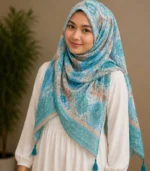 Premium Sky Blue Floral Printed Silk-Finish Hijab