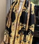 Premium Baroque Gold Chain & Floral Printed Silk-Finish Square Hijab (Black & Gold) - Image 2