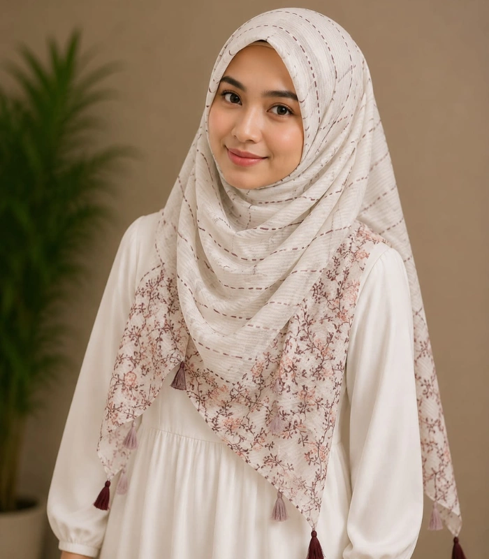 Untitled design (17) Premium Ivory Floral Printed Silk-Finish Hijab - Image 1