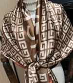 Premium Coffee Brown Geometric Monogram Printed Silk-Finish Square Hijab - Image 2
