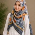 Premium Grey-Orange Floral Printed Silk-Finish Hijab
