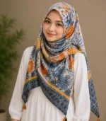 Premium Grey-Orange Floral Printed Silk-Finish Hijab