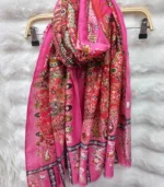Premium Fuchsia Pink Paisley & Floral Printed Silk-Finish Hijab - Image 2