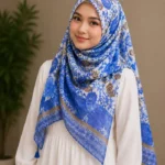 Premium Blue Floral Printed Silk-Finish Hijab