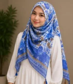 Premium Blue Floral Printed Silk-Finish Hijab