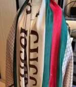 Premium Beige-Grey Monogram Striped Silk-Finish Square Hijab - Image 2