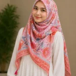 Premium Pink Coral Floral Printed Silk-Finish Square Hijab