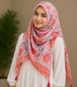 Premium Pink Coral Floral Printed Silk-Finish Square Hijab