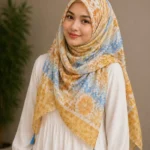 Premium Yellow-Blue Floral Printed Silk-Finish Hijab
