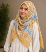 Premium Yellow-Blue Floral Printed Silk-Finish Hijab