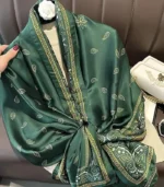 Premium Baroque Paisley Printed Silk-Finish Hijab (Dark Green) - Image 2