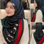 Premium Black Monogram Printed Silk-Finish Hijab (Green & Red Border)