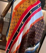Premium Mustard Orange Monogram Striped Silk-Finish Square Hijab - Image 2