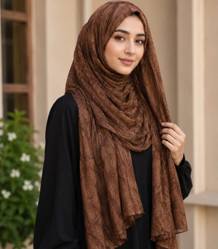 Untitled design (34) Premium Coffee Brown Soft Crinkle Shimmer Hijab - Image 1