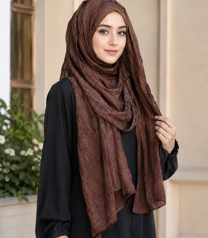 Untitled design (35) Premium Chocolate Brown Soft Crinkle Shimmer Hijab - Image 1