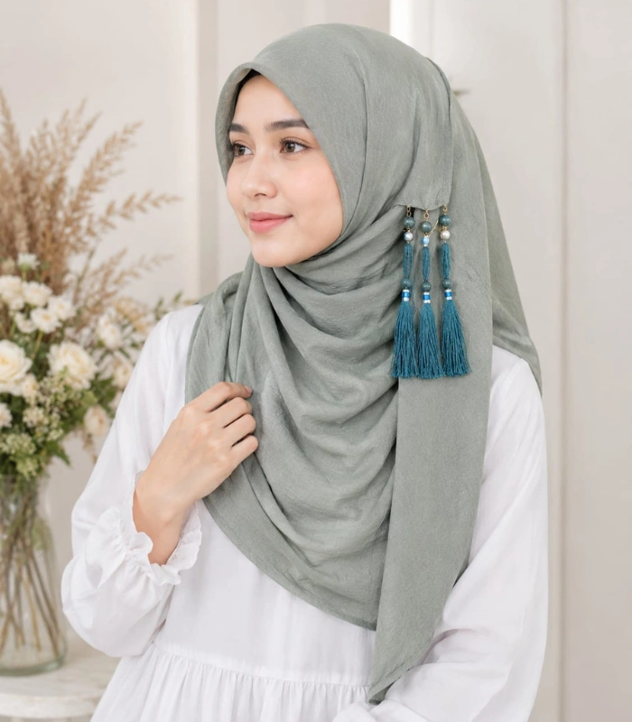 Untitled design (4) Premium Sage Green Tassel Soft Shimmer Hijab - Image 1
