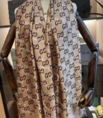 Premium Coffee Brown Monogram Printed Silk-Finish Square Hijab - Image 2