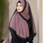 Premium Dusty Mauve Black Speckled Border Soft Crinkle Hijab