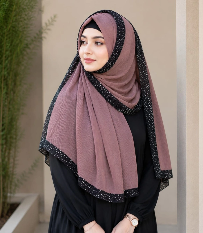 Untitled design (51) Premium Dusty Mauve Black Speckled Border Soft Crinkle Hijab - Image 1