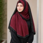 Premium Wine Maroon Black Speckled Border Soft Crinkle Hijab
