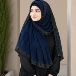 Premium Navy Blue Black Speckled Border Soft Crinkle Hijab