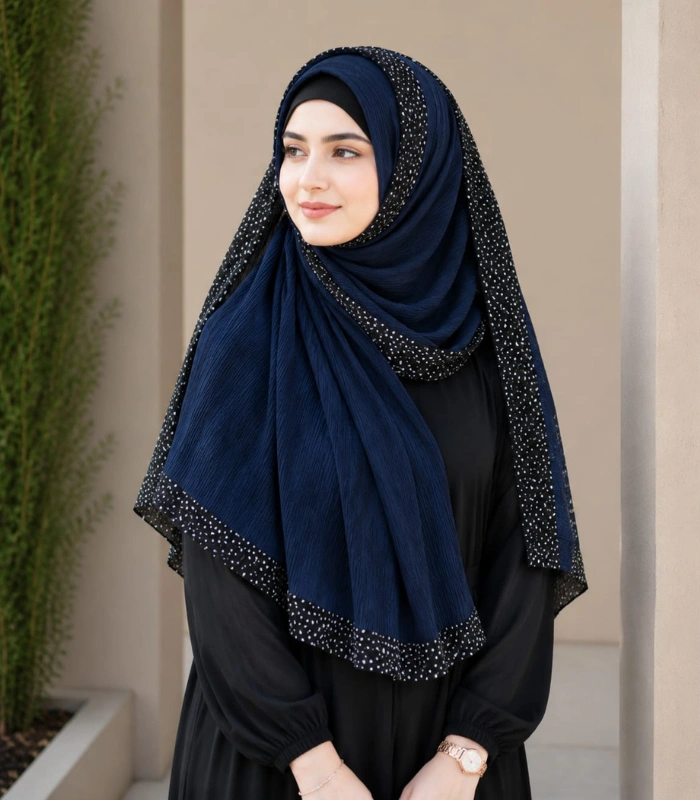 Untitled design (54) Premium Navy Blue Black Speckled Border Soft Crinkle Hijab - Image 1