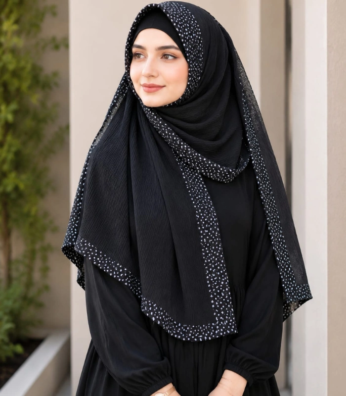 Untitled design (55) Premium Black Black Speckled Border Soft Crinkle Hijab - Image 1