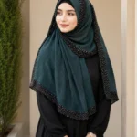 Premium Deep Teal Black Speckled Border Soft Crinkle Hijab