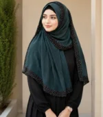 Premium Deep Teal Black Speckled Border Soft Crinkle Hijab