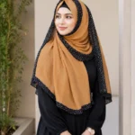 Premium Camel Brown Black Speckled Border Soft Crinkle Hijab