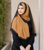 Premium Camel Brown Black Speckled Border Soft Crinkle Hijab