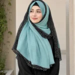 Premium Sky Blue Black Speckled Border Soft Crinkle Hijab