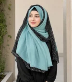 Premium Sky Blue Black Speckled Border Soft Crinkle Hijab