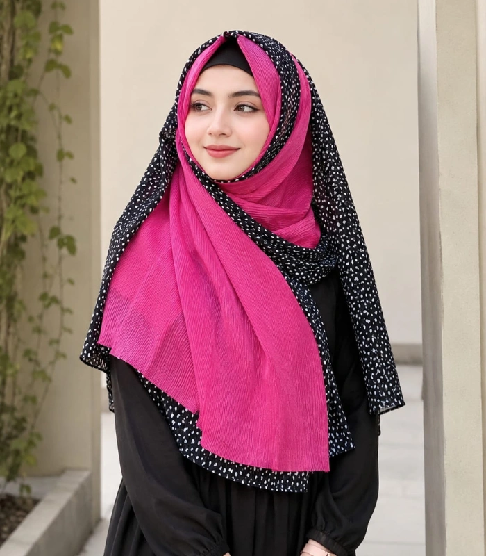 Untitled design (60) Premium Fuchsia Pink Black Speckled Border Soft Crinkle Hijab - Image 1