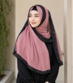 Premium Dusty Pink Black Speckled Border Soft Crinkle Hijab