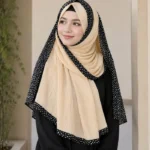 Premium Cream Beige Black Speckled Border Soft Crinkle Hijab