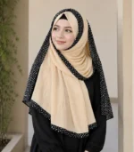 Premium Cream Beige Black Speckled Border Soft Crinkle Hijab