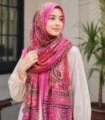 Premium Fuchsia Pink Paisley & Floral Printed Silk-Finish Hijab